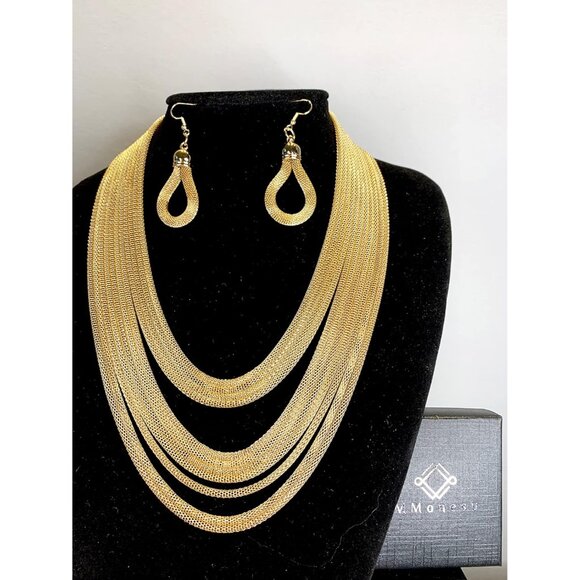 Gold Long Waterfall Multi Layer Bib Necklace 10 Layers Statement Jewelry for Wom - Picture 5 of 5